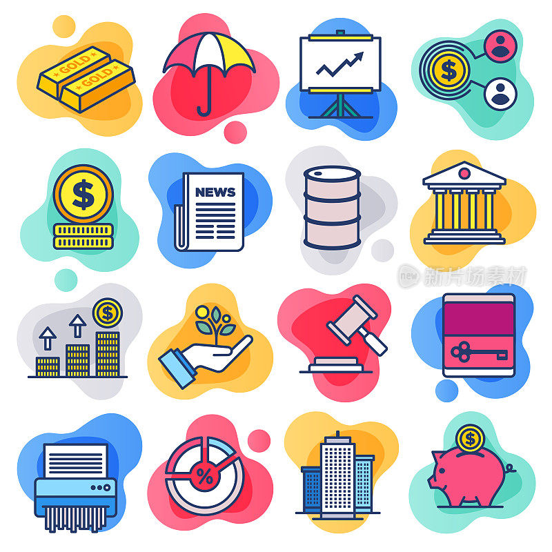 Central Bank Transparency Flat Line Liquid Style Vector Icon Set